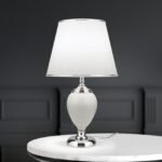 Lampa de masa OVUM, Baza ceramica alba cu soclu metalic cromat, Abajur nuanta alba din stofa chintz cu bordura decorativa crom,  E27, 40W, Inaltime 48cm ORION
