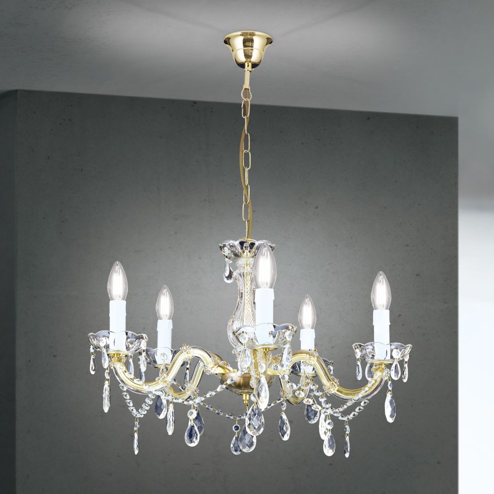 aHR0cHM6Ly93d3cub3Jpb25sZXVjaHRlbi5hdC9tZWRpYS9jZS9hYy9jZi8xNjQ4NTc2MzAwLzAxMS4yMjQzLTAyXzAxX24zLmpwZw Candelabru de cristal MARIE CLAIRE, 5 lumini E14,cadru otel auriu, pandantive din sticla cristalinizata, diametru 55cm ORION - imagine 1