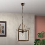 Pendul în formă de felinar FRANCO, cu abajur din sticla clar, E27 1x60W otel finisaj auriu antic, 39x89cm IP20 ORION
