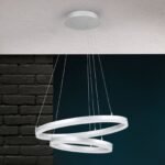 Lampa suspendata LED FLOAT, Baza soclu otel, Nuanta Titan/argintiu-mat, Abajur policarbon opal 2 Inele verticale, Diametru 40/60cm, LED 74W/3850lm/3000K,ORION