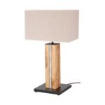 Lampa de masa SONAS, Baza lemn masiv stejar/negru cu banda LED, Abajur nuanta maro-bej din stofa textila, E27, 40W, Inaltime 55cm ORION