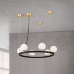 Lampă suspendată TUMBLER, Ø 65cm, G9 6 x 40W abajur glob sticla opal-mat, cadru metal finisaj negru IP 20 ORION