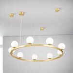 Lampă suspendată TUMBLER, Ø 90cm, G9 9 x 40W abajur glob sticla opal-mat orientată în sus, cadru metal finisaj alama mata IP 20 ORION - imagine 5
