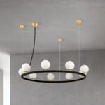 Lampă suspendată TUMBLER, Ø 90cm, G9 9 x 40W abajur glob sticla opal-mat orientată în sus, cadru metal finisaj negru IP 20 ORION