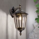 Aplica pentru exterior PUCHBERG in jos,  E27 1x60W aluminiu finisaj negru/auriu, geam fumuriu inaltime 45cm IP44 ORION