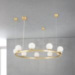 Lampă suspendată TUMBLER, Ø 90cm, G9 9 x 40W abajur glob sticla opal-mat orientată în sus, cadru metal finisaj alama mata IP 20 ORION