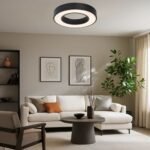 Plafonieră Cirano, metal negru, abajur alb, LED 45W, Ø600MM