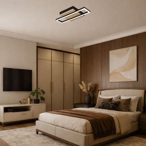 71455-e.jpg Plafonieră Noxelle, metal/ lemn negru mat/ stejar, abajur alb, LED 12W, L425MM - imagine 1