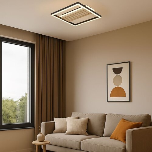 71457-e.jpg Plafonieră Noxelle, metal/ lemn negru mat/ stejar, abajur alb, LED 26W, L315MM - imagine 1