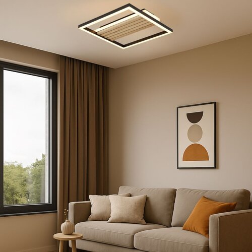 71458-e.jpg Plafonieră Noxelle, metal/ lemn negru mat/ stejar, abajur alb, LED 30W, L415MM - imagine 1