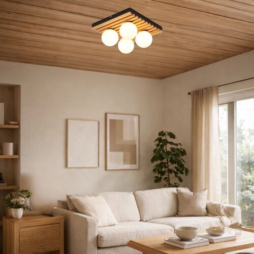 71462-e.jpg Plafonieră Noxelle, lemn negru mat/ stejar, abajur alb, G9 x4 MAX 5W, L296MM - imagine 1